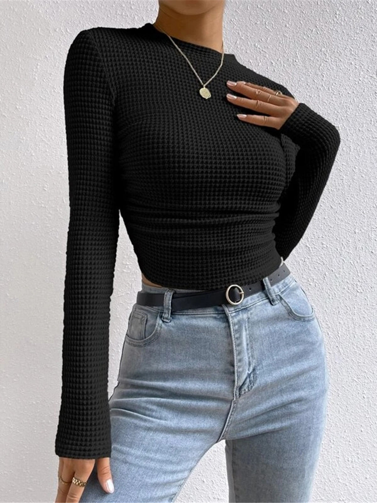 Einfarbiger Waffelstrick Slim Sweater Damen