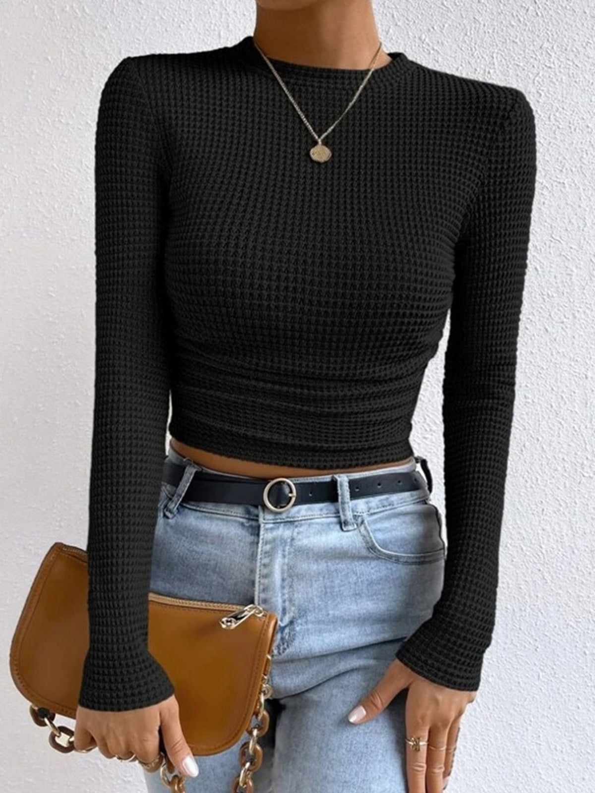 Einfarbiger Waffelstrick Slim Sweater Damen
