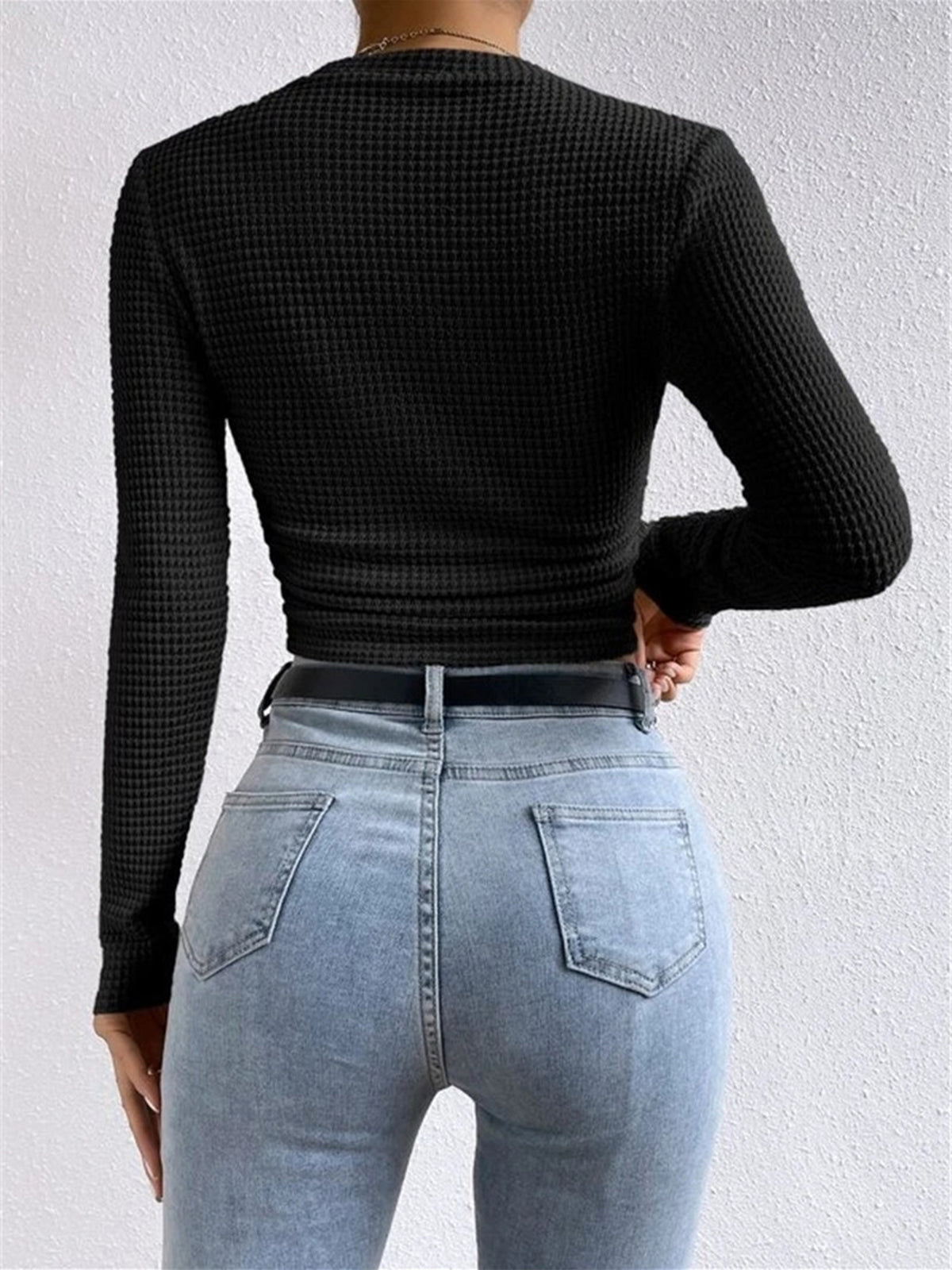 Einfarbiger Waffelstrick Slim Sweater Damen