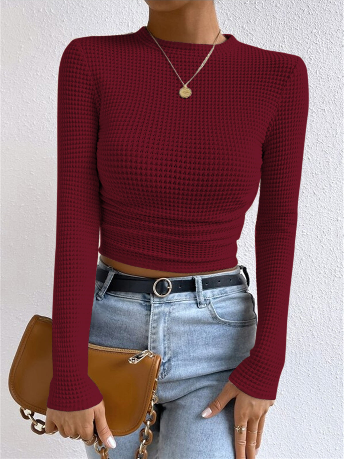 Einfarbiger Waffelstrick Slim Sweater Damen