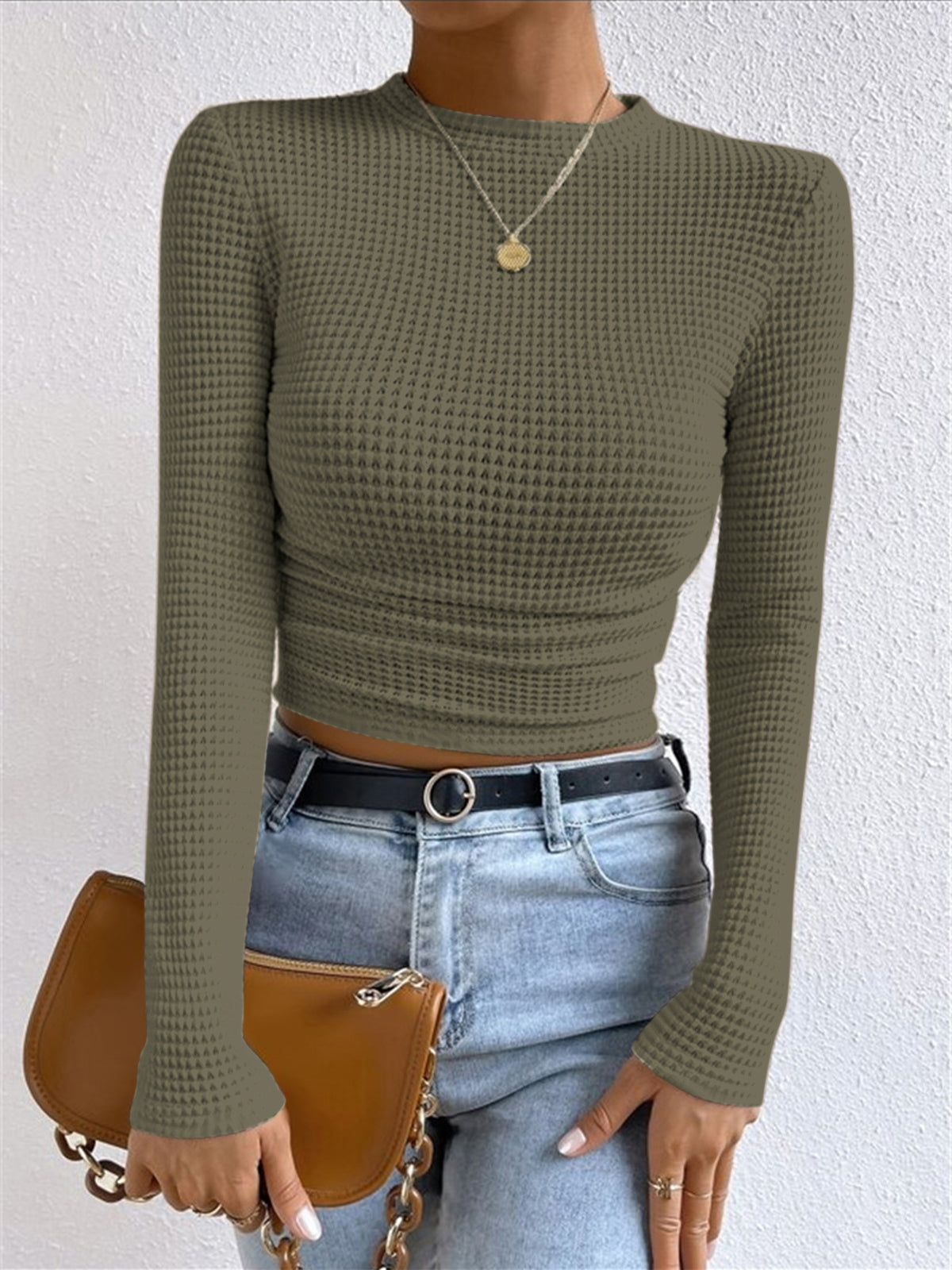Einfarbiger Waffelstrick Slim Sweater Damen