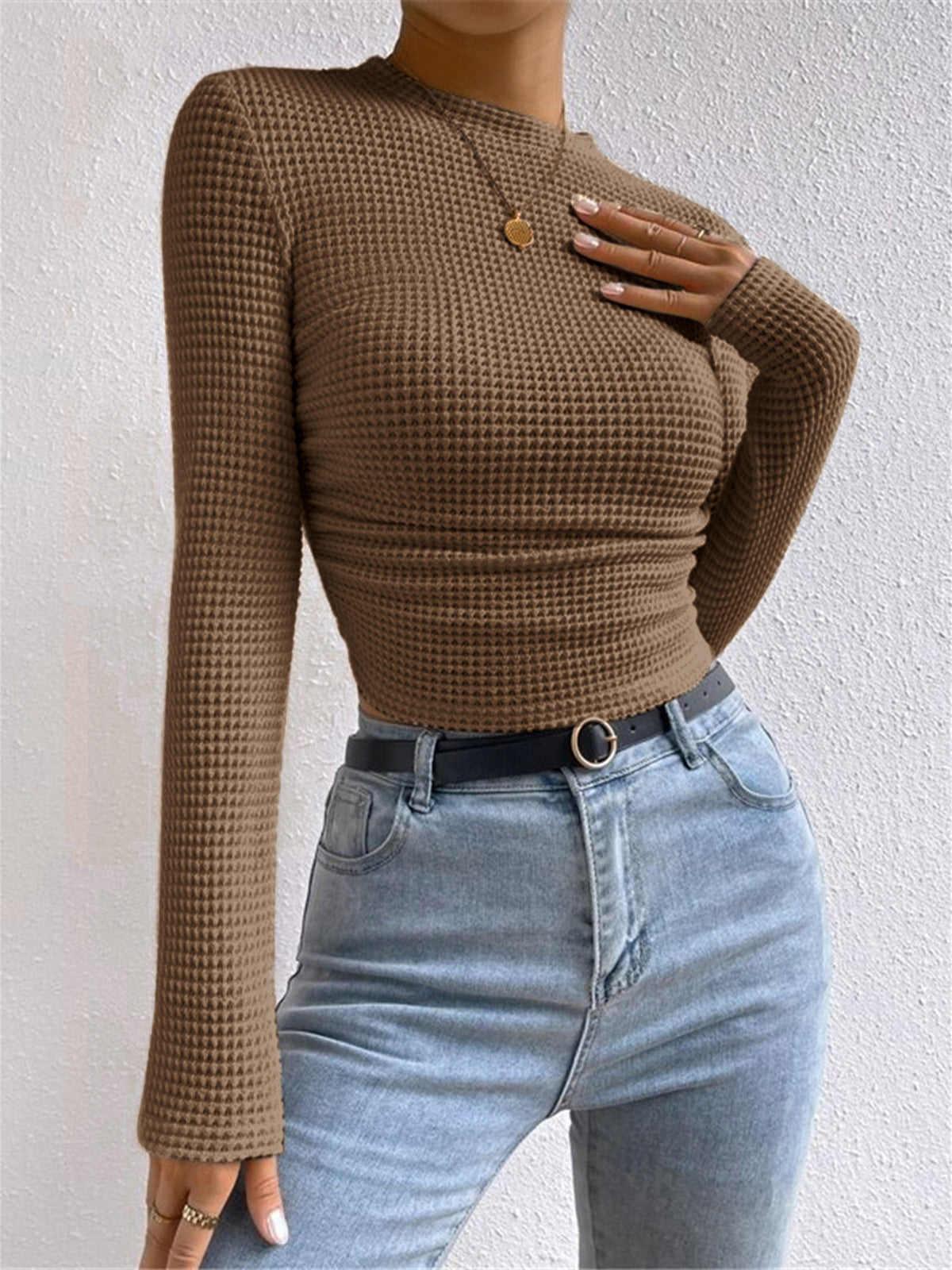 Einfarbiger Waffelstrick Slim Sweater Damen