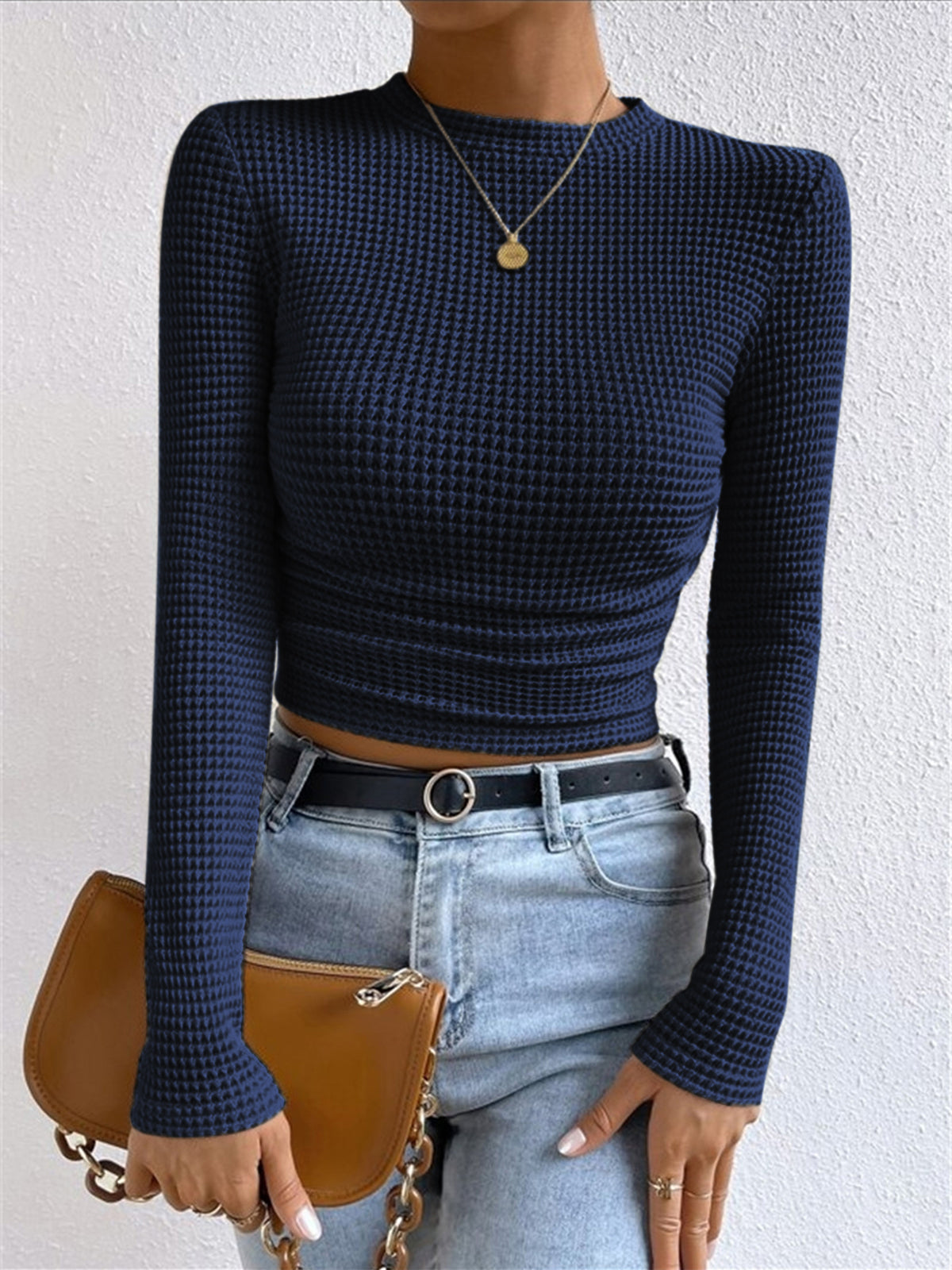 Einfarbiger Waffelstrick Slim Sweater Damen