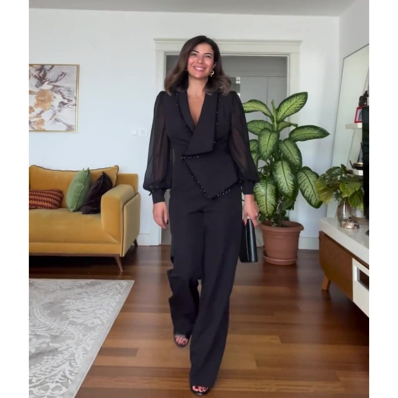 Elegantes schwarzes Top mit Perlen & weite Hose (2-teiliges Set)